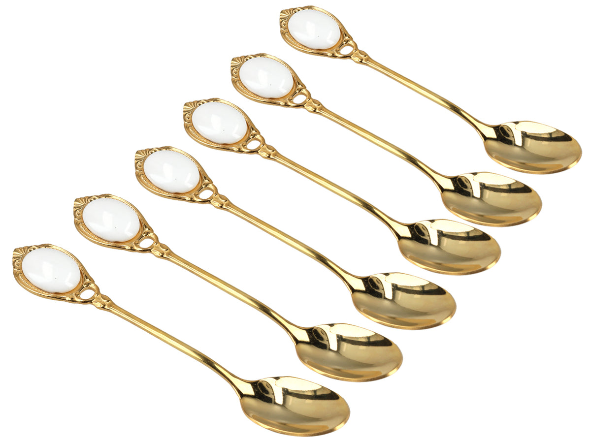 Set di 6 cucchiaini rivestiti in oro 24K Occhietti bianchi CARMANI, personalizzabile con incisione - regalo elegante per ogni occasione, dimensioni 13 cm