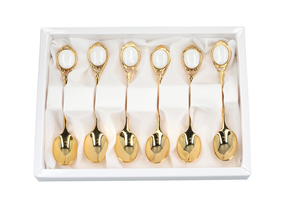 Set di 6 cucchiaini rivestiti in oro 24K Occhietti bianchi CARMANI, personalizzabile con incisione - regalo elegante per ogni occasione, dimensioni 13 cm