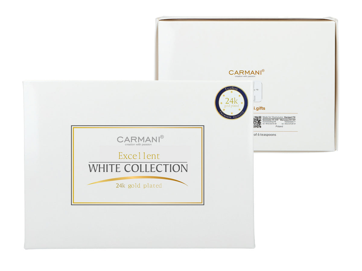 Set di 6 cucchiaini rivestiti in oro 24K Occhietti bianchi CARMANI, personalizzabile con incisione - regalo elegante per ogni occasione, dimensioni 13 cm