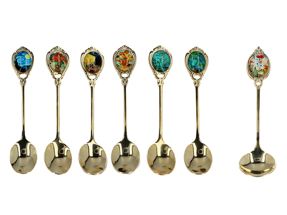 Set di 6 cucchiaini rivestiti in oro 24K con 1 cucchiaino per lo zucchero - V. van Gogh, assortiti, personalizzabili con incisione, elegante confezione regalo, dimensioni 13 cm