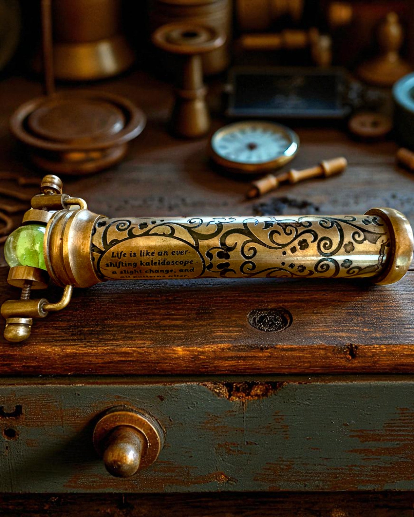 Caleidoscopio Vintage “Emerald Dreams”, 15 cm – fatto a mano, con possibilità di personalizzazione tramite incisione come regalo