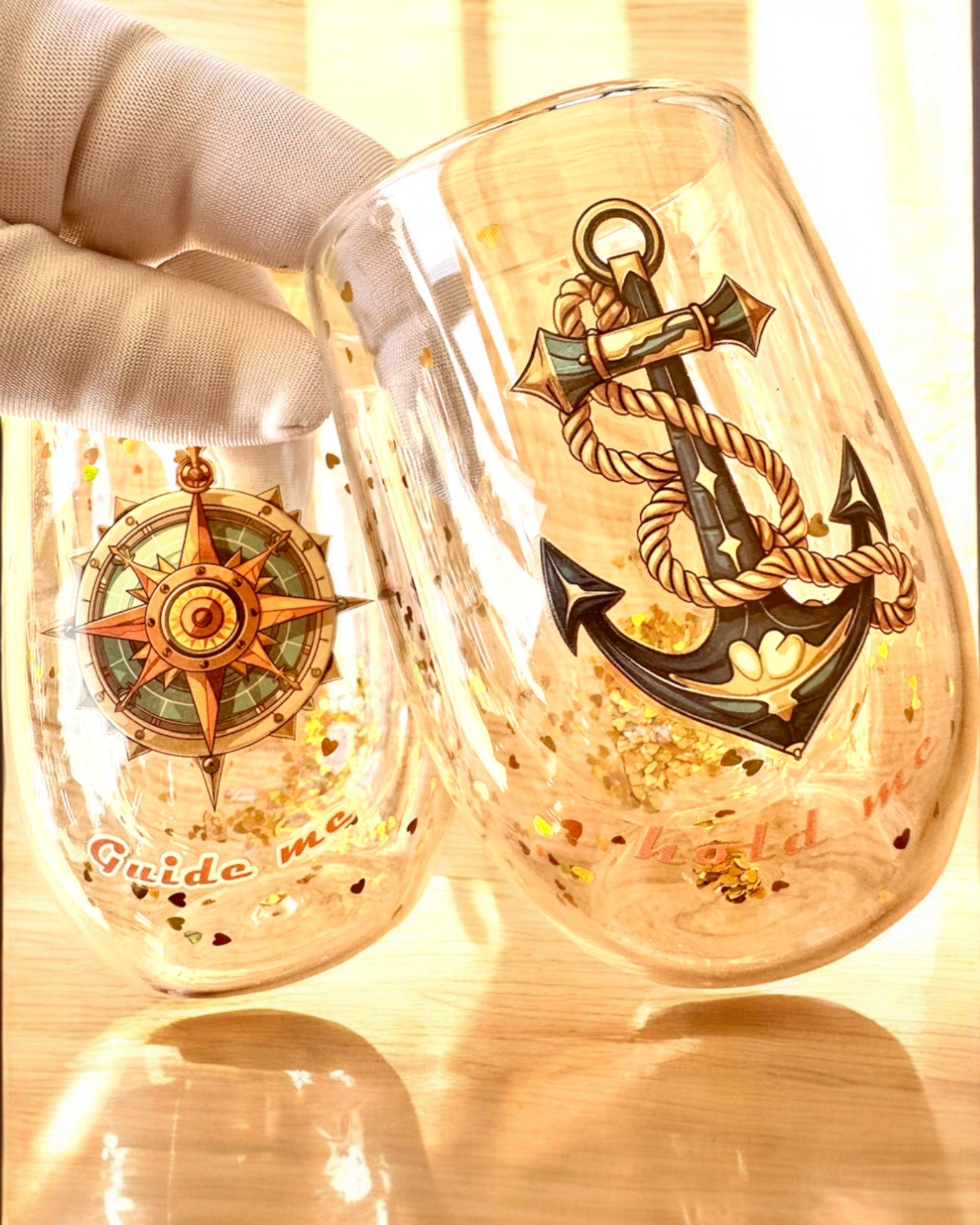 Bicchieri "Nautical Dreams" con doppia parete e fiocchi d'oro - set di 2 pezzi, capacità 300 ml, possibilità di personalizzazione con incisione