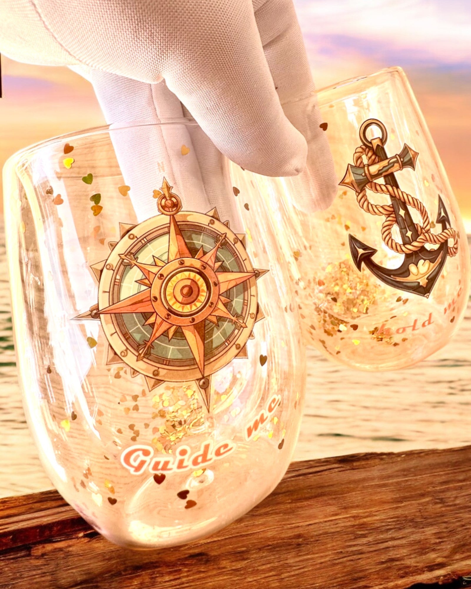 Bicchieri "Nautical Dreams" con doppia parete e fiocchi d'oro - set di 2 pezzi, capacità 300 ml, possibilità di personalizzazione con incisione