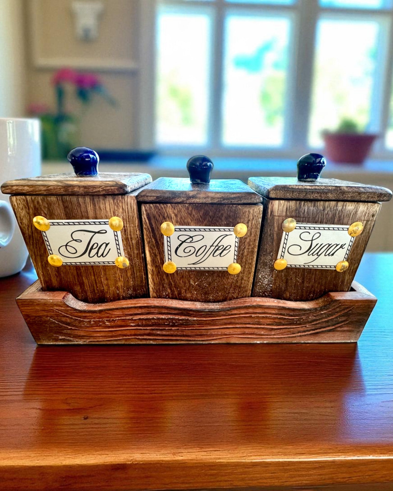 Set Royal Trio – Tè, Caffè, Zucchero in legno di Shisham, fatto a mano, con opzione di incisione per regalo