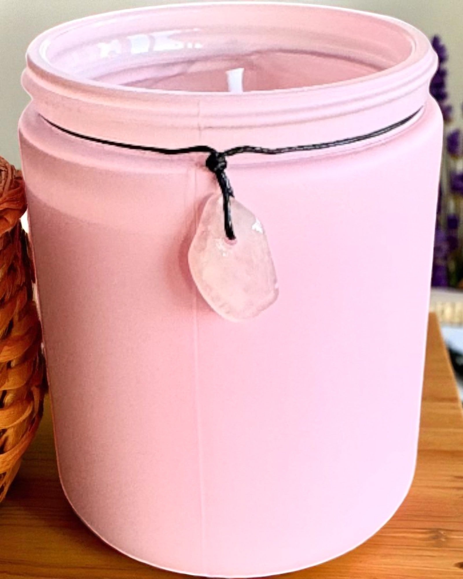Candela di soia intenzionale Quarzo Rosa – amore, armonia e tranquillità del cuore, 250 ml, possibilità di personalizzazione per regalo