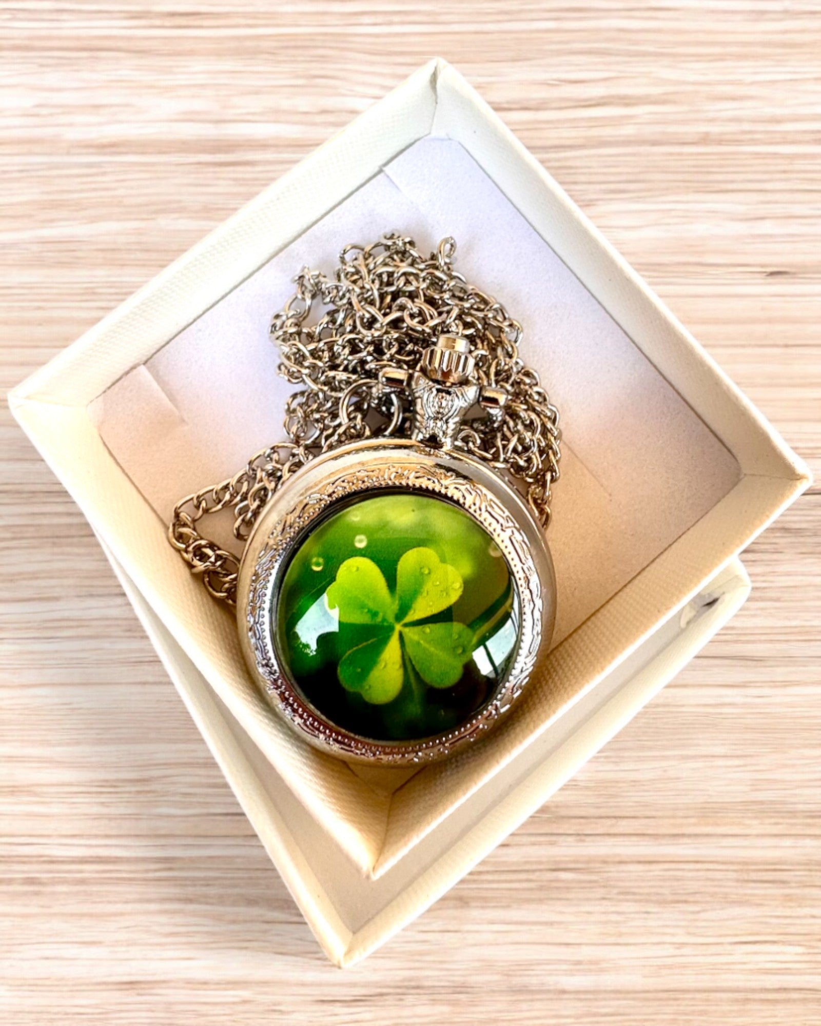 Orologio da tasca "CloverTime" con motivo di quadrifoglio, possibilità di personalizzazione con incisione per regalo