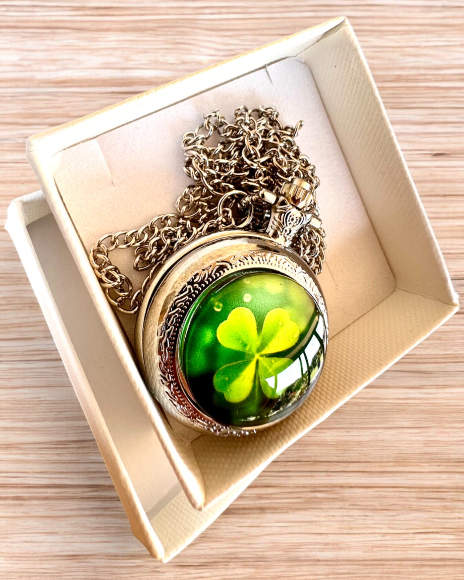 Orologio da tasca "CloverTime" con motivo di quadrifoglio, possibilità di personalizzazione con incisione per regalo