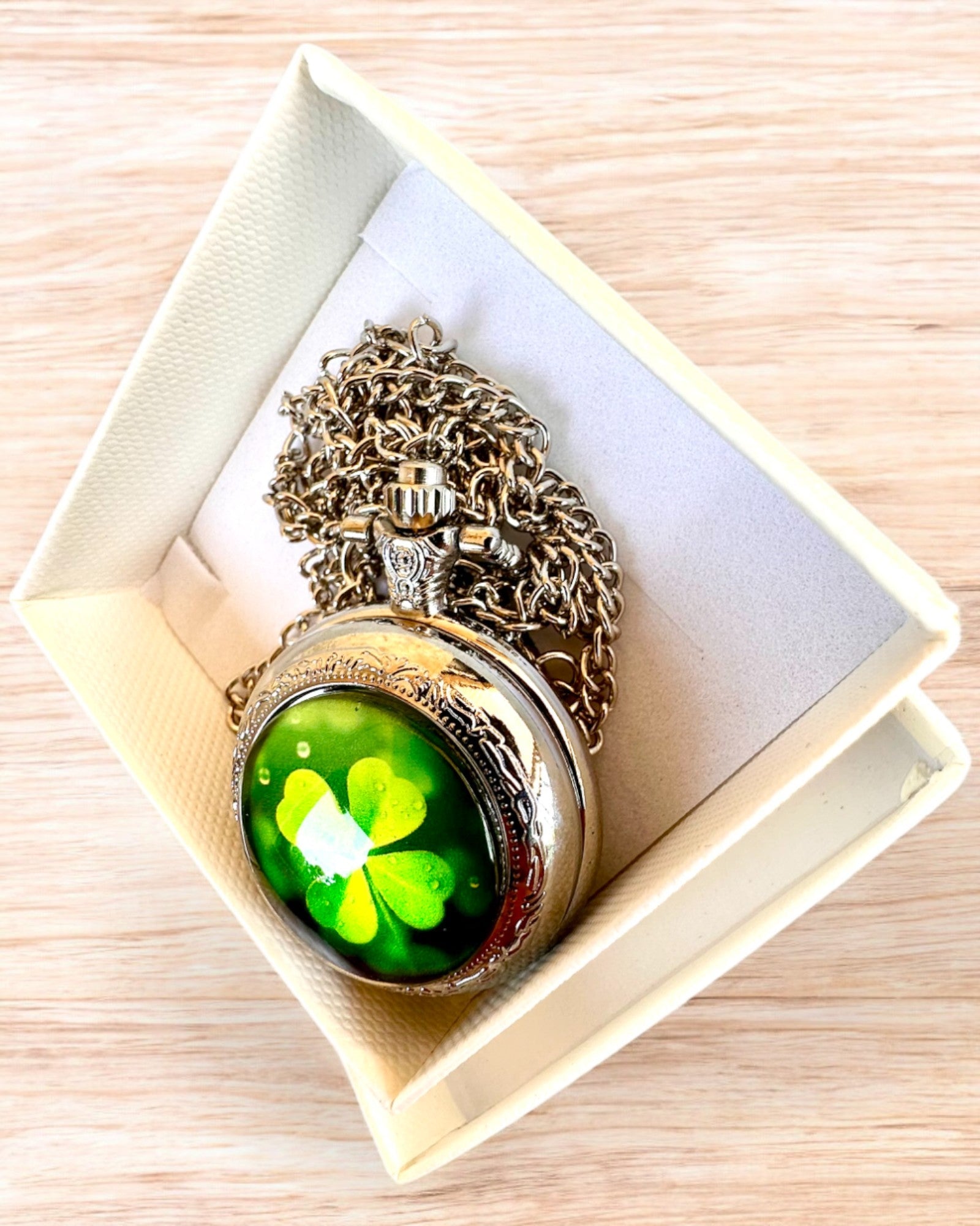 Orologio da tasca "CloverTime" con motivo di quadrifoglio, possibilità di personalizzazione con incisione per regalo