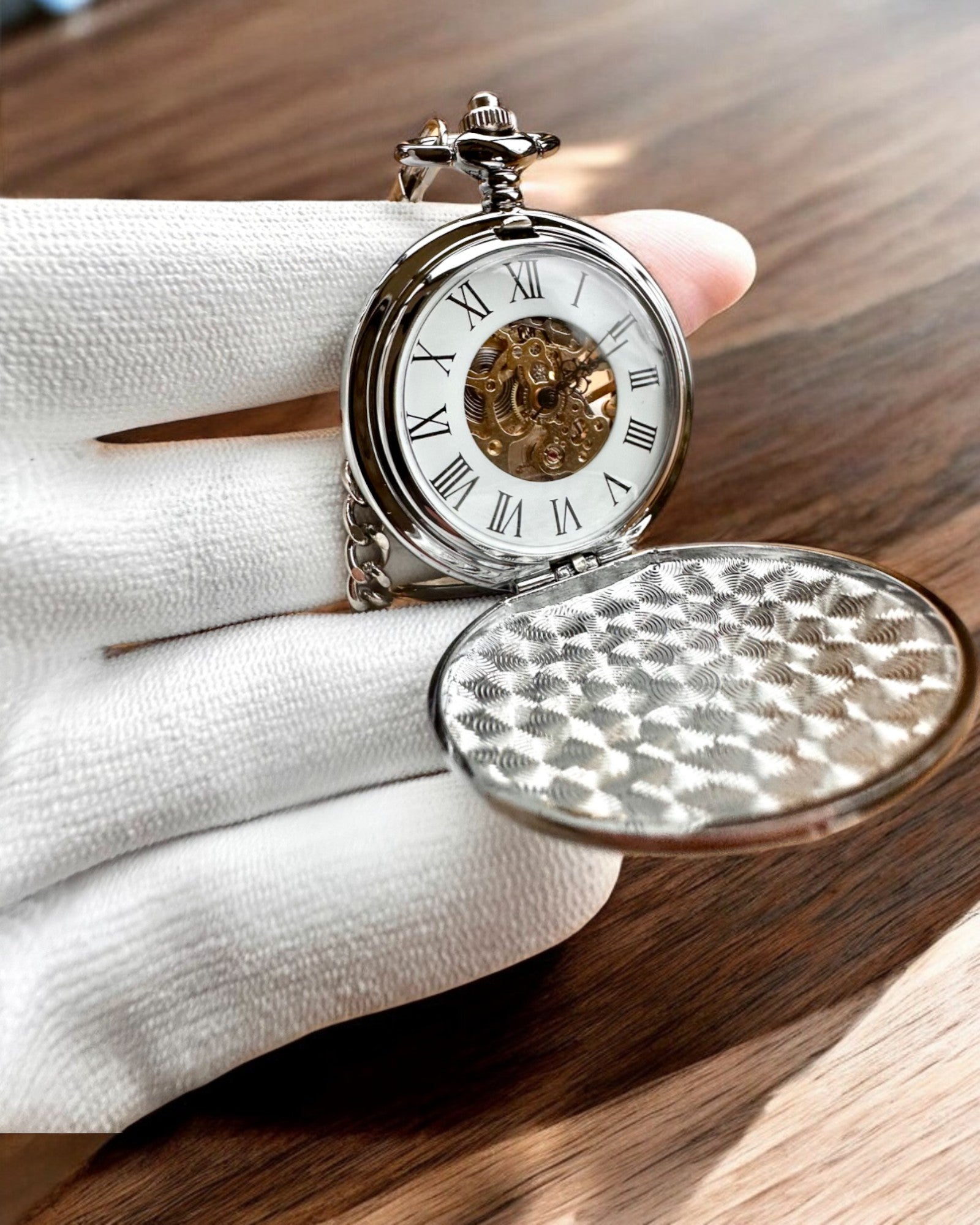 Orologio da Tasca Meccanico Classico con Doppio Coperchio, Manuale, Colore Argento