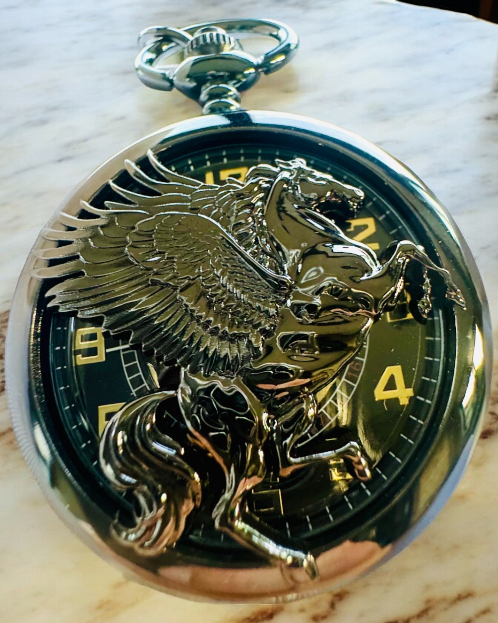 Orologio da Tasca "Equus Tempus" - Nero con Motivo Cavallo, possibilità di personalizzazione con incisione - quadrante nero