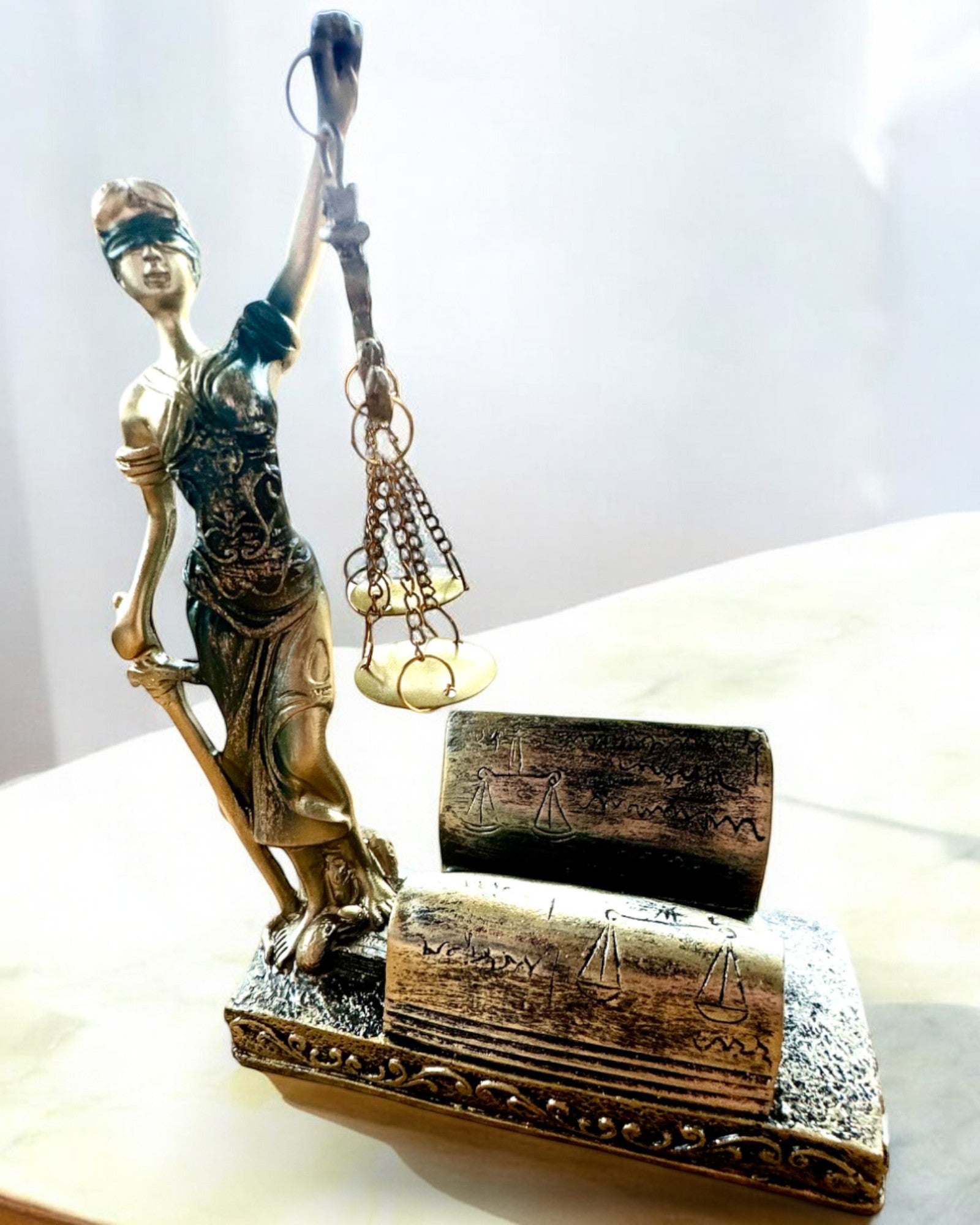Statuetta "Justicia 2" - Dea della Giustizia – Decorazione Artistica per Scaffale, Artigianato in Resina, personalizzazione con incisione
