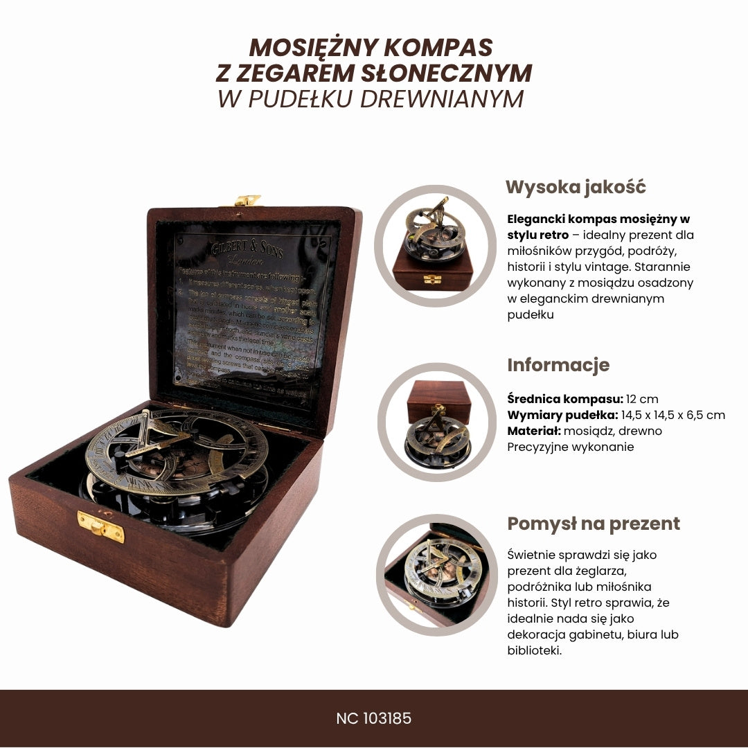 Bussola in ottone con orologio solare in scatola di legno con possibilità di incisione