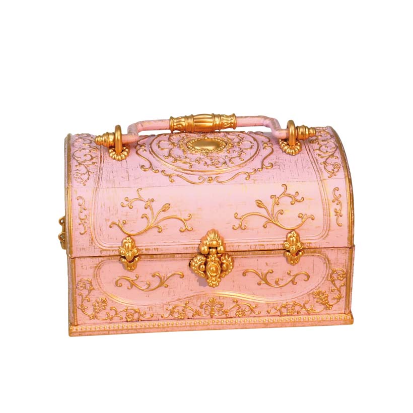 Scatola porta gioie con carillon rosa con decorazioni dorate, possibilità di incisione personalizzata, ideale come regalo, dimensioni 18x11,8x11,8 cm