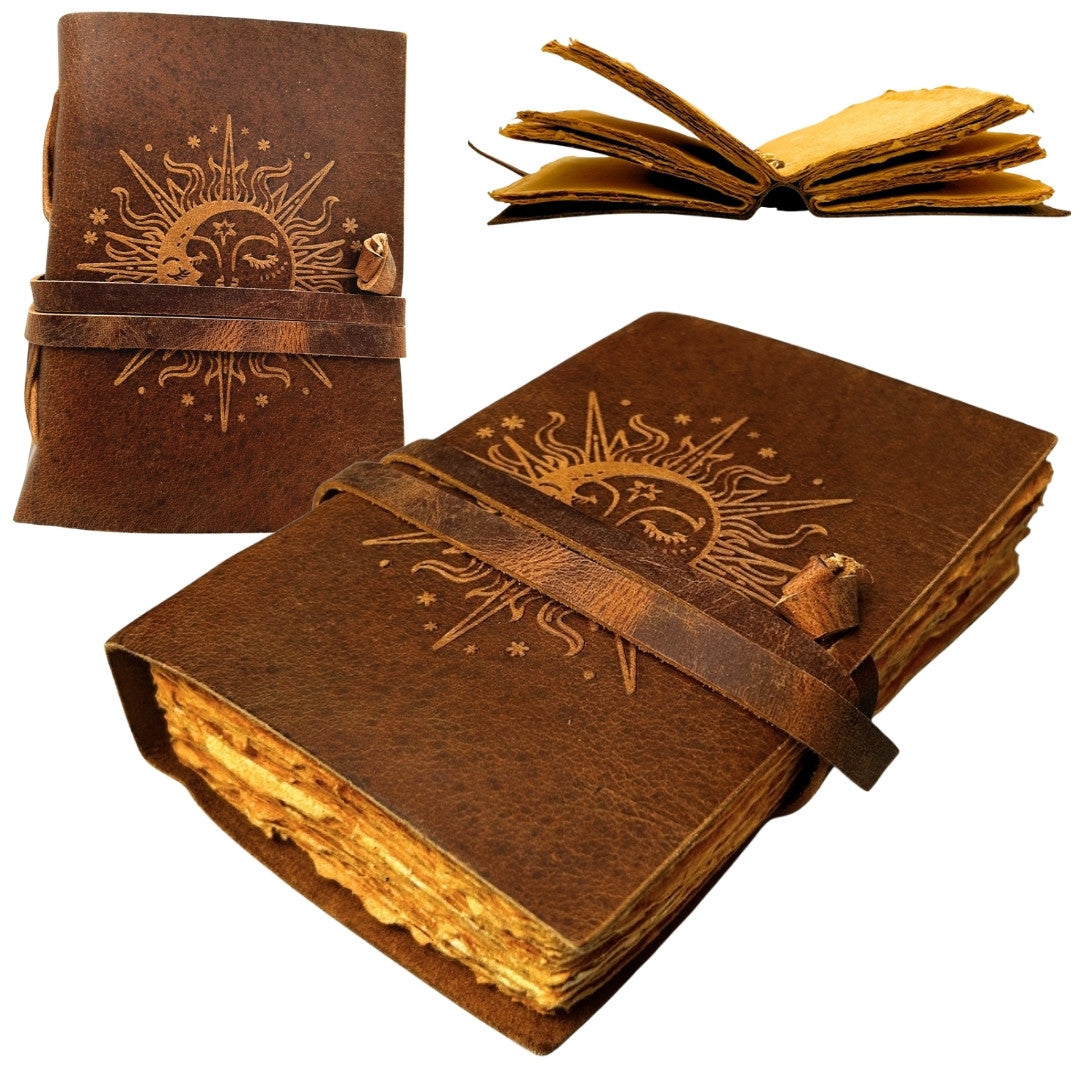 Taccuino in Pelle Vintage 200 pagine con Incisione - Sole e Luna - Pelle Naturale di Bufalo - Perfetto come Regalo - 18x13 cm - Elegante Diario con Carta da 150 GSM