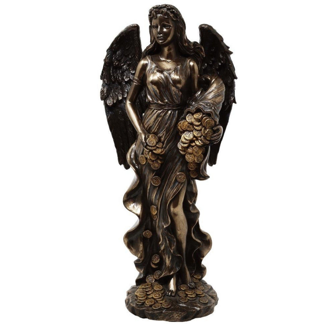 Figura Fortuna Dea della Fortuna e della Ricchezza 29 cm con corno dell’abbondanza - Incisione personalizzata per regalo, elegante decorazione in conglomerato di resina in tonalità marrone e rame
