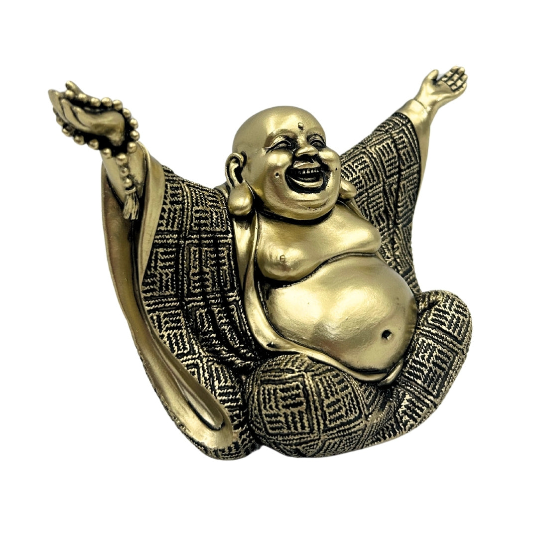 Statuetta di Buddha gioioso in oro con possibilità di incisione personalizzata - elegante decorazione regalo alta 17,1 cm in polyresina, simbolo di ricchezza e felicità
