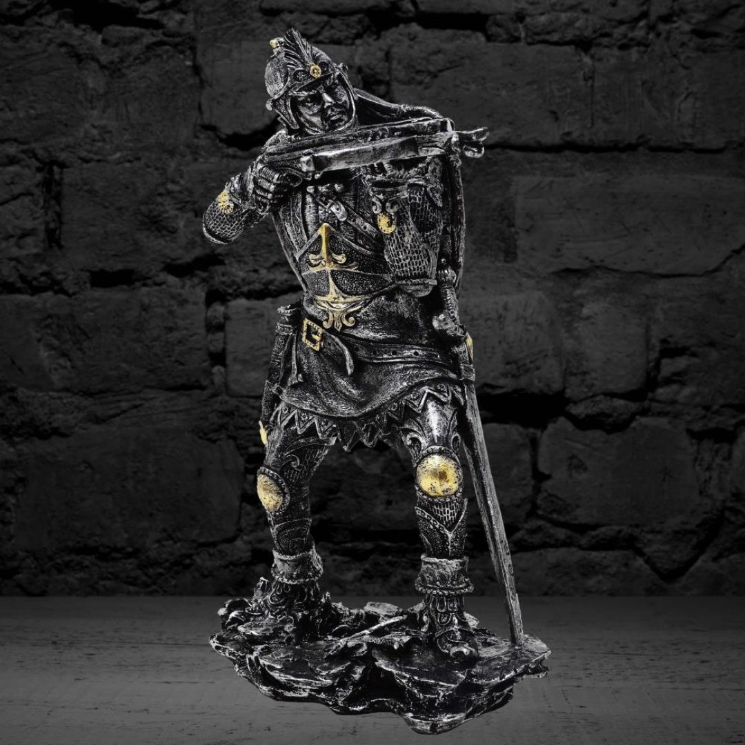 Figura Cavaliere Medievale con Balestra 20 cm con Possibilità di Personalizzazione tramite Incisione - Decorazione Argento-Oro per Regalo agli Amanti della Storia e del Fantasy - Dipinta a Mano in Polyresina