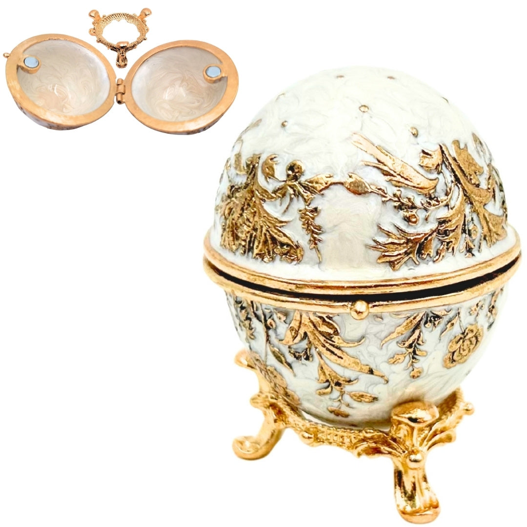 Esclusiva scatola uovo Fabergé in metallo con cristalli bianco-oro con possibilità di personalizzazione tramite incisione