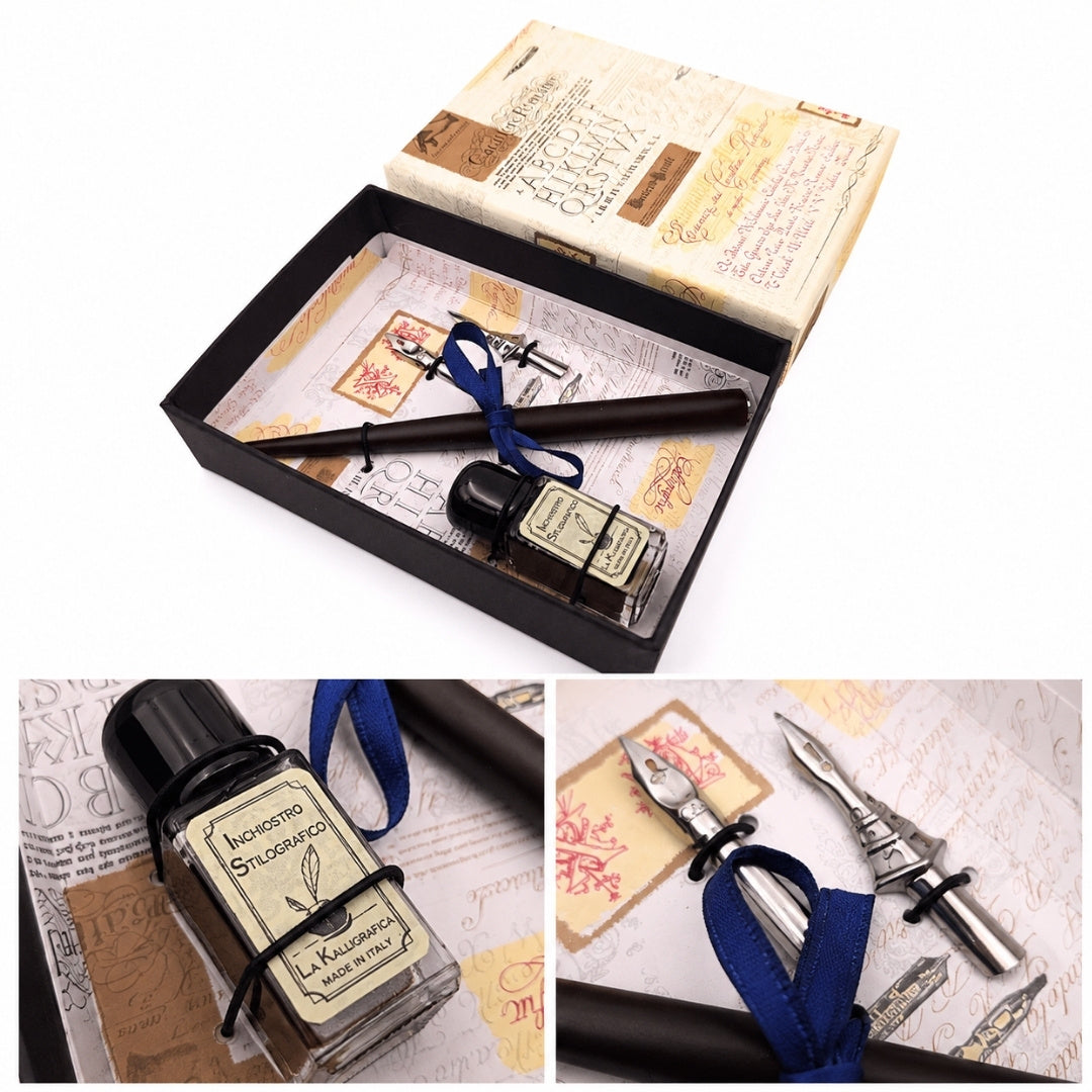 Set da calligrafia con incisione personalizzata - penna italiana con due pennini e calamaio, perfetto come regalo - confezione elegante 12,5x8,5x3cm