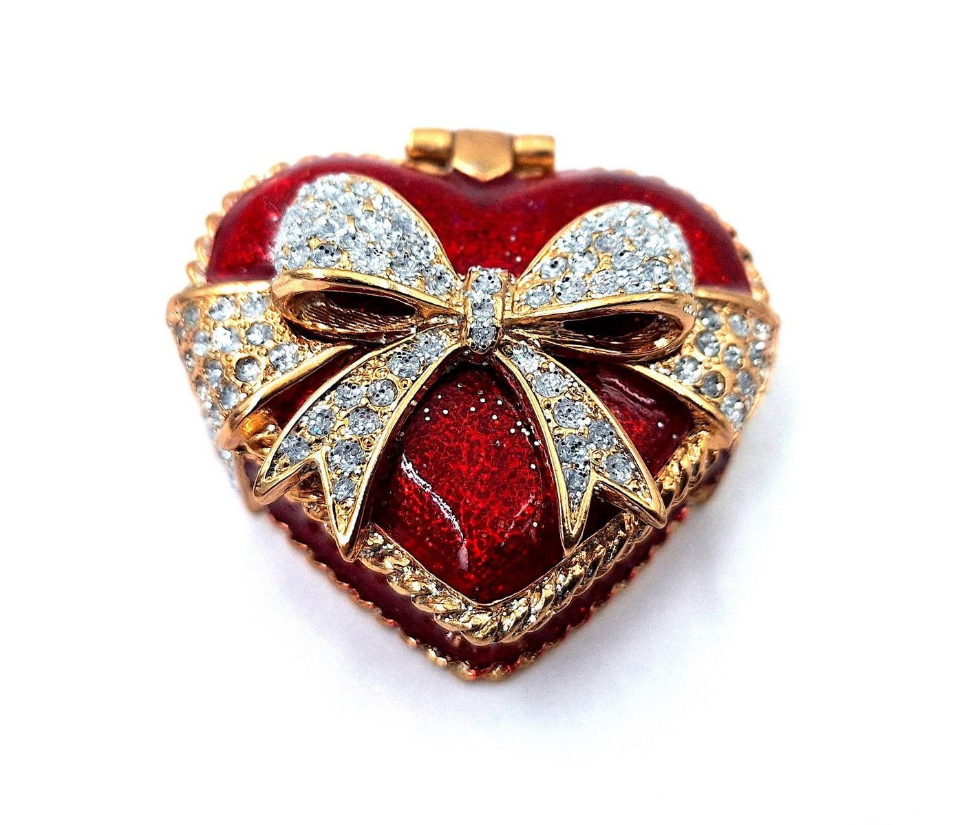 Scatoletta in metallo per gioielli a forma di cuore con cristalli, rosso, oro e argento, possibilità di personalizzazione tramite incisione, ideale come regalo romantico, dimensioni 4,8 x 4 x 2,5 cm