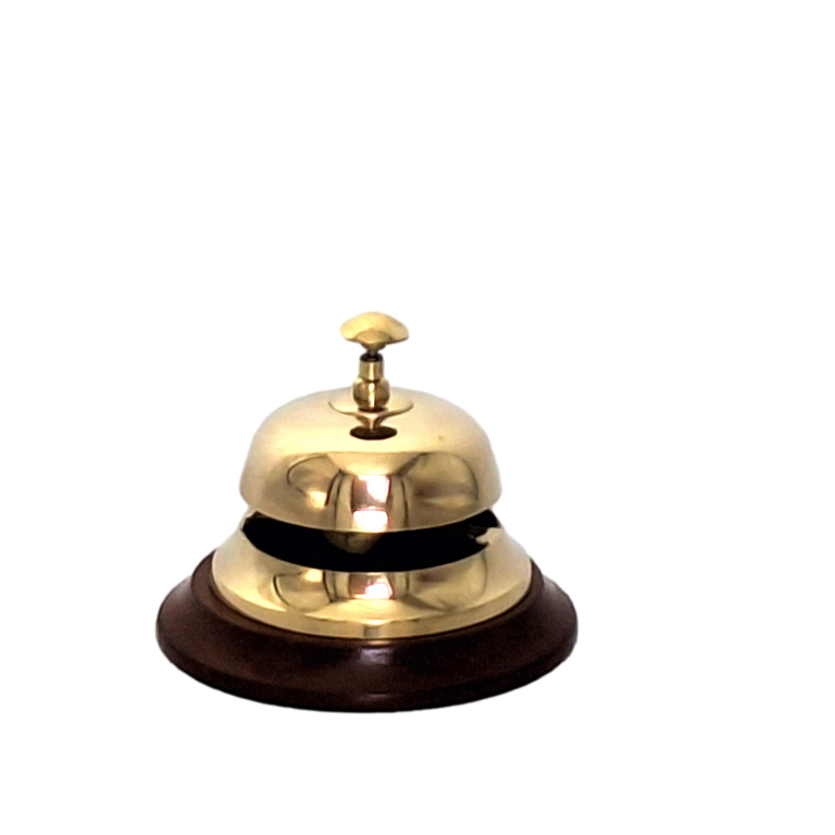 Gong in ottone per hotel su base in legno TB27/4 con possibilità di personalizzazione tramite incisione, elegante regalo in colore oro e marrone, altezza 11 cm, diametro 12 cm