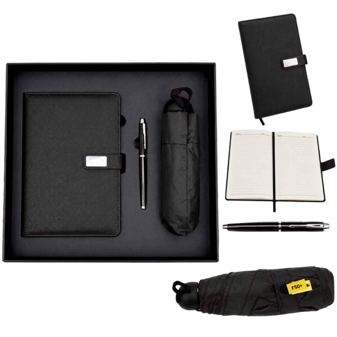 Elegante set regalo - Quaderno in pelle con ombrello e penna in confezione regalo - EE12
