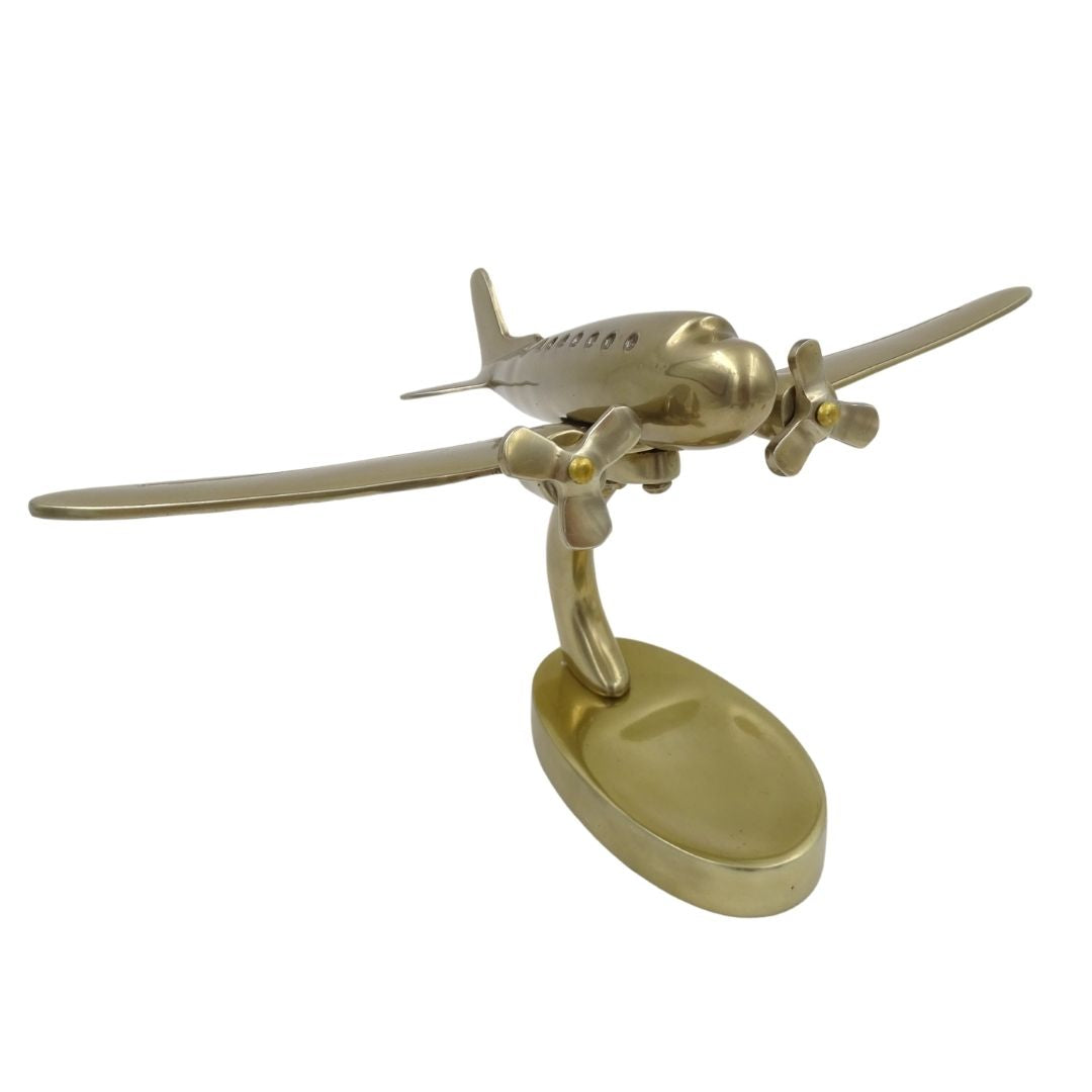 Grande modello metallico di aereo bimotore con possibilità di personalizzazione incisa, dorato, 19,5 x 16,5 x 29 cm