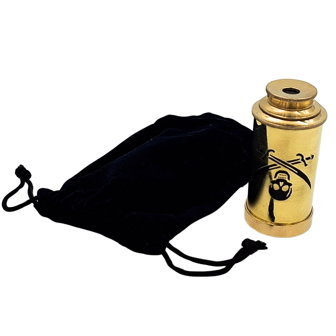 Cannocchiale da pirata con emblema – cannocchiale pieghevole in ottone con incisione – regalo ideale per giovani esploratori dei mari – altezza 15 cm, set con sacchetto in velluto