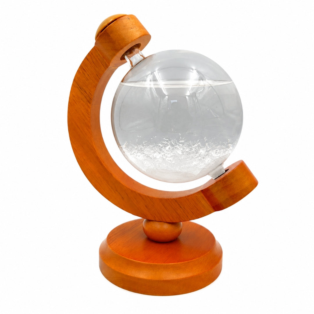 Barometro Temporalesco Fitzroya Globo con Possibilità di Incisione - Elegante Decorazione da Scrivania in Vetro e Legno, Altezza 18,5 cm