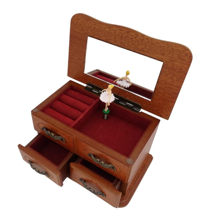 Carillon-portagioie in legno con specchietto e incisione: elegante regalo per gioielli con due cassetti, altezza 10 cm, melodia "The Entertainer"
