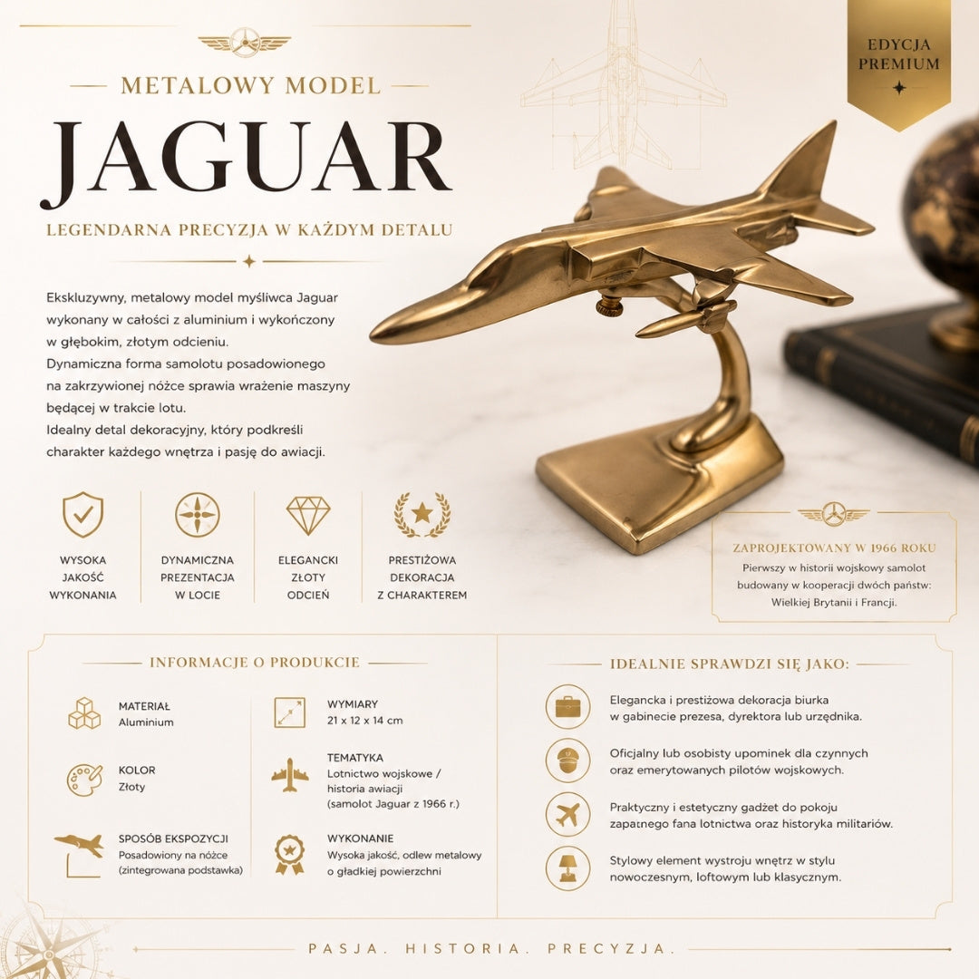 Modello metallico di caccia Jaguar color oro con possibilità di incisione