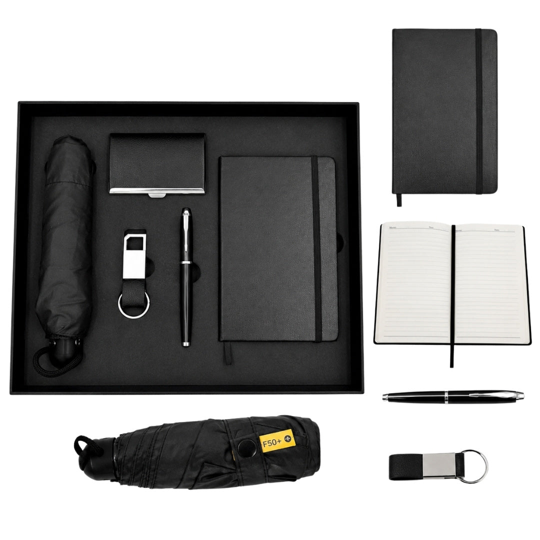 Elegante set regalo business premium - Taccuino in pelle ombrello porta biglietti da visita penna portachiavi - EE15