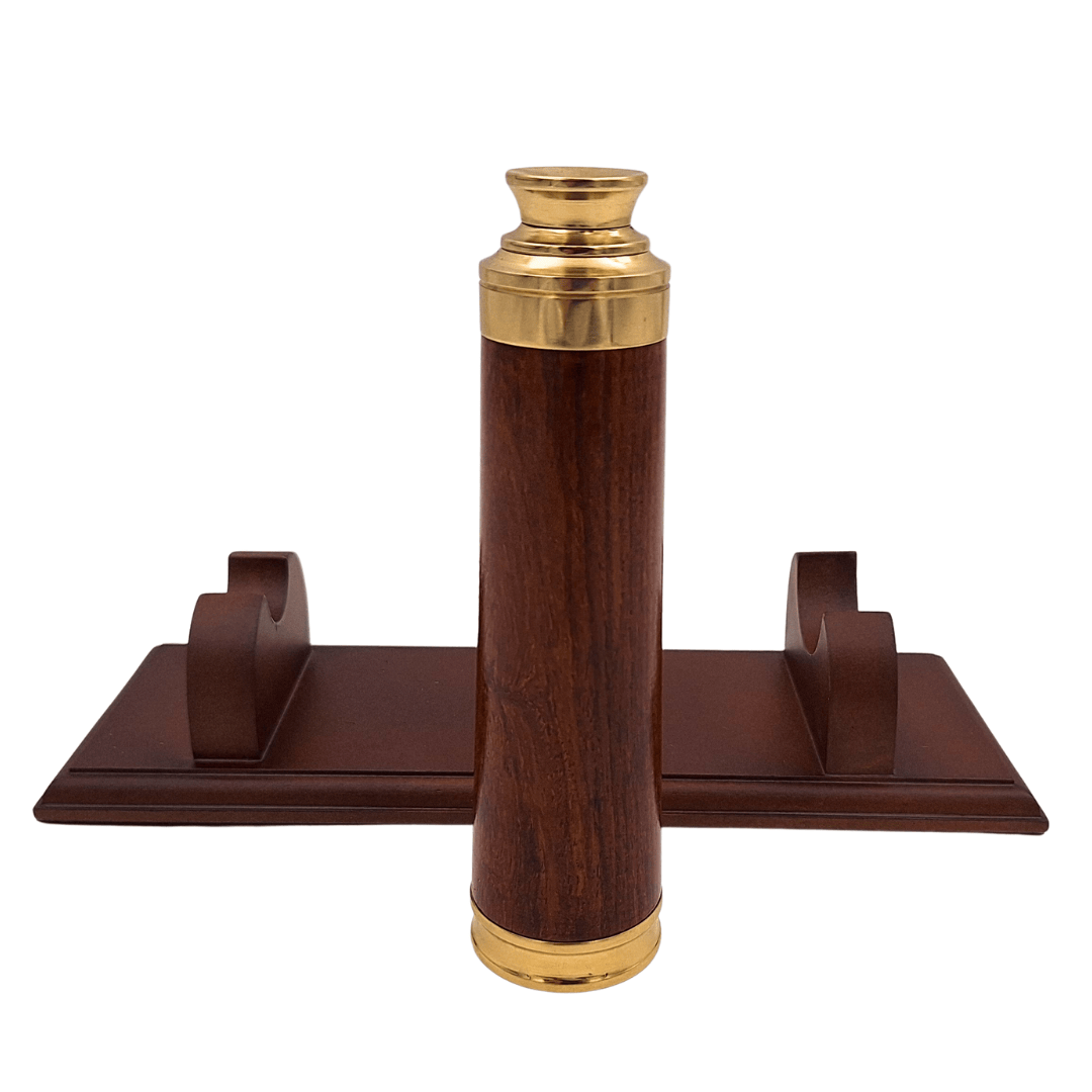 Cannocchiale in ottone e legno con possibilità di incisione personalizzata su elegante base in legno