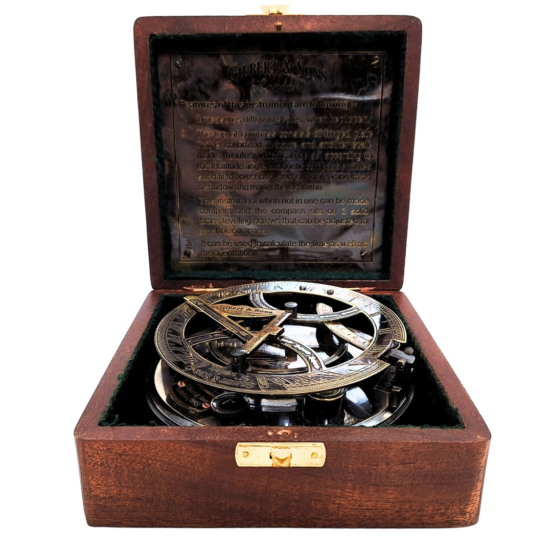 Bussola in ottone con orologio solare in scatola di legno con possibilità di incisione