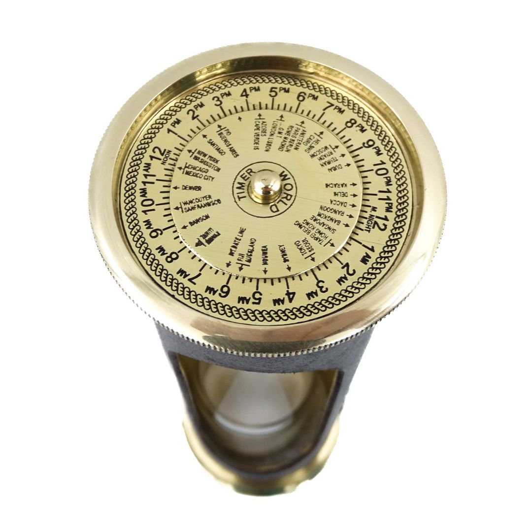 Clessidra da 5 minuti con orologio mondiale e calendario perpetuo in custodia di pelle