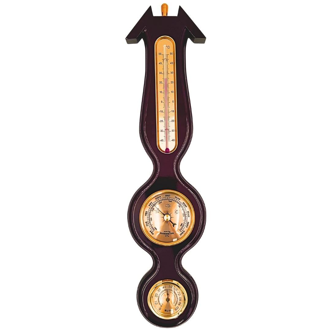 Elegante stazione meteorologica 3 in 1 con incisione – termometro, barometro, igrometro in legno scuro, 40 cm