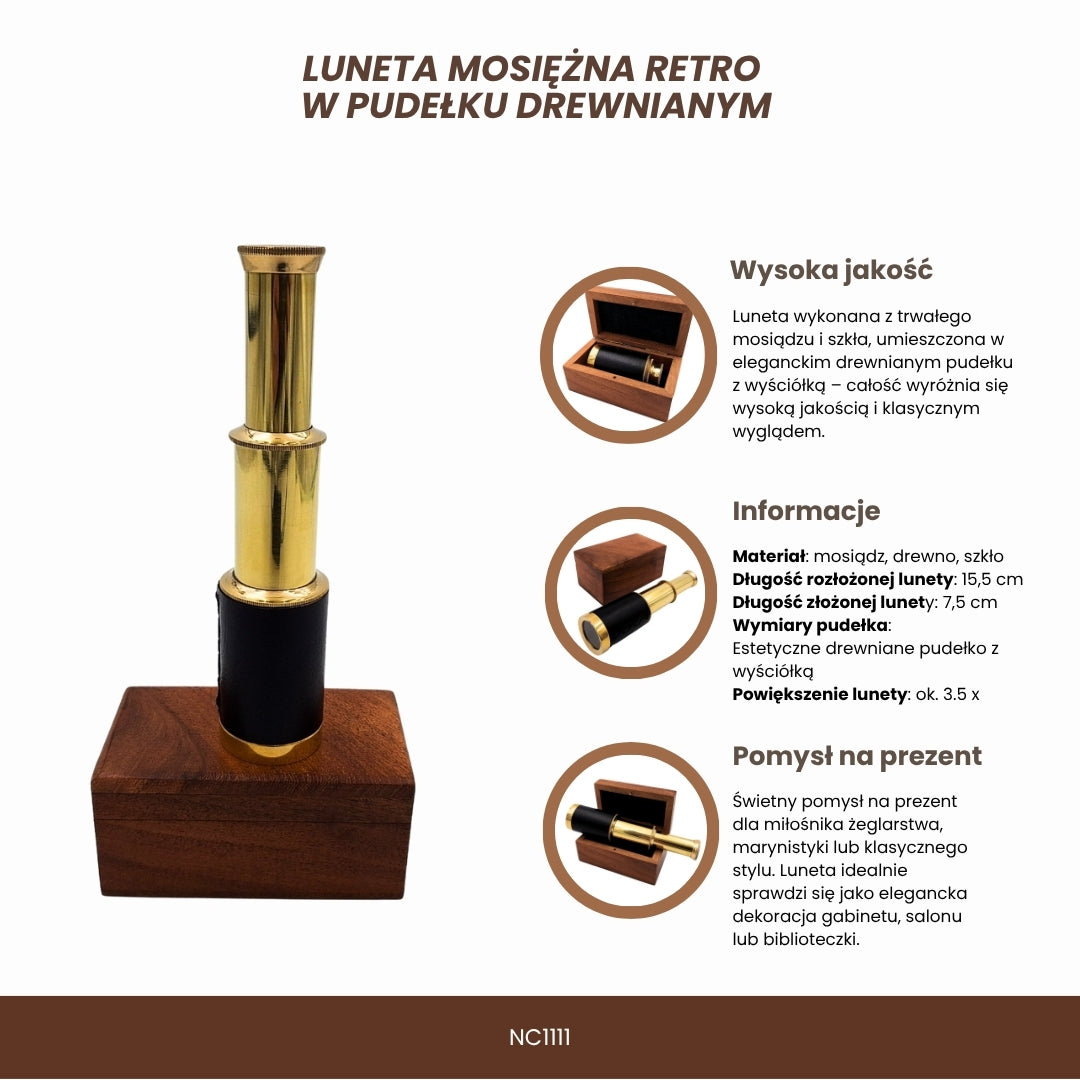 Cannocchiale in ottone retrò con incisione in scatola di legno