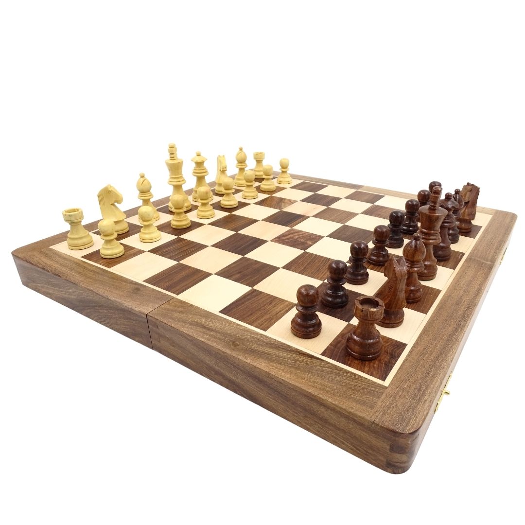 Scacchi in legno 40x40 cm con incisione - Scacchiera pieghevole in palissandro indiano color marrone-beige
