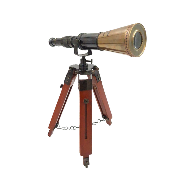 Cannocchiale in Ottone su Treppiede con Possibilità di Personalizzazione Incisa - Elegante Elemento Decorativo da Regalo, Altezza Regolabile fino a 30 cm