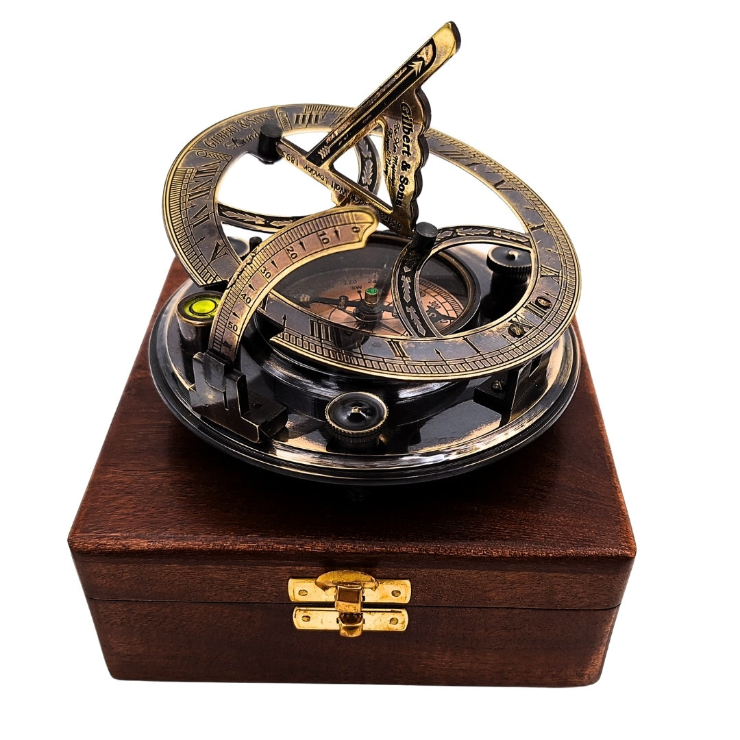 Bussola in ottone con orologio solare in scatola di legno con possibilità di incisione