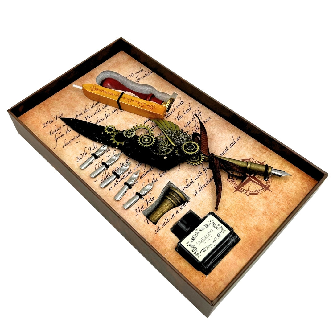 Set di Calligrafia Premium con Penna d'Oca, 6 Pennini Sostituibili, Sigillo e Supporto