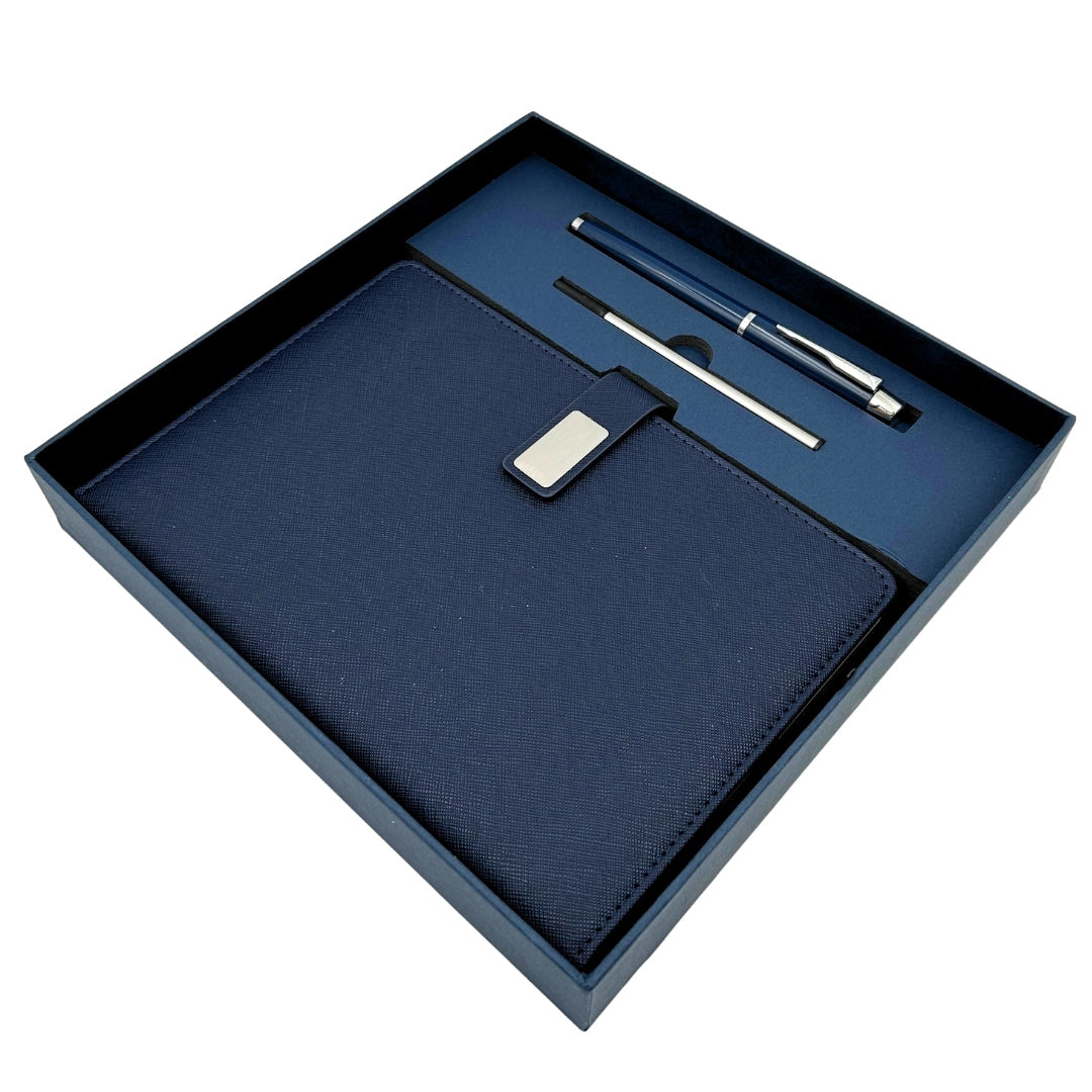 Elegante Taccuino in Pelle Blu Scuro A5 con Penna e Incisione Personalizzata in Scatola Regalo