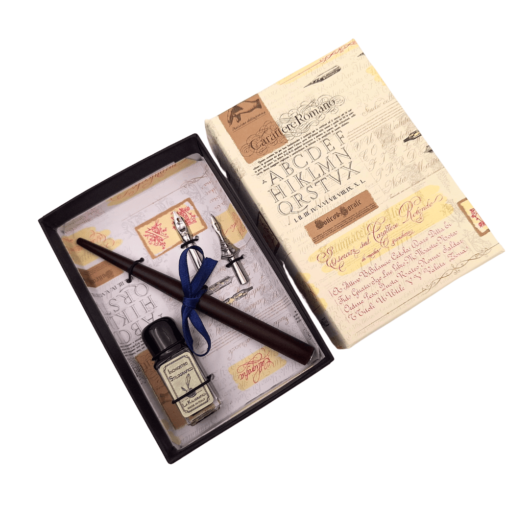 Set da calligrafia con incisione personalizzata - penna italiana con due pennini e calamaio, perfetto come regalo - confezione elegante 12,5x8,5x3cm