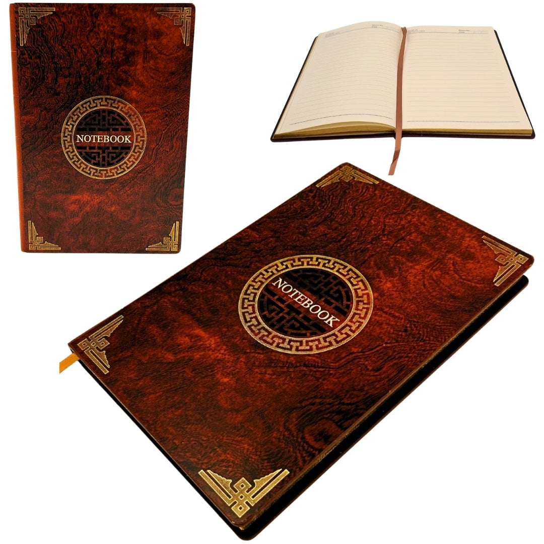 Elegante taccuino A5 con copertina in legno e incisione personalizzata – diario di lusso da regalo con bordi dorati e carta di alta qualità color marrone