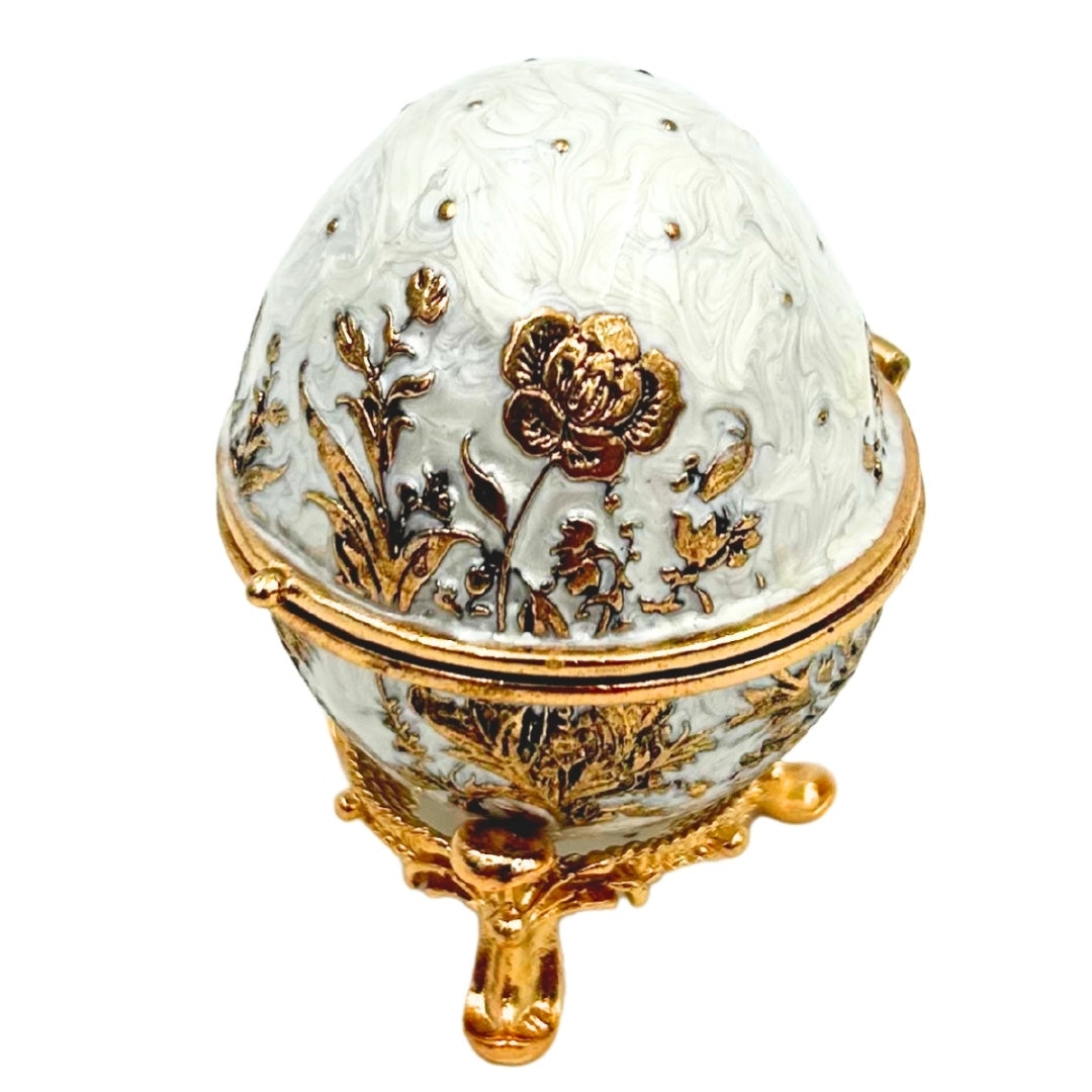 Esclusiva scatola uovo Fabergé in metallo con cristalli bianco-oro con possibilità di personalizzazione tramite incisione