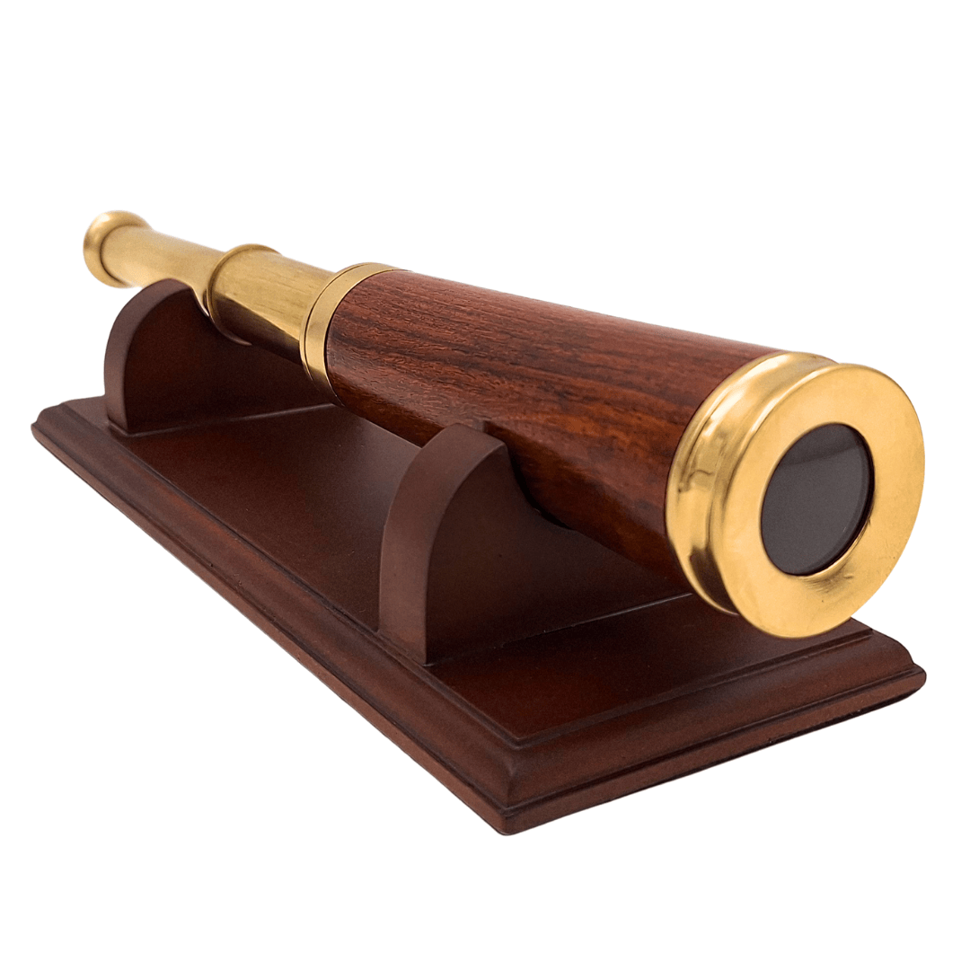 Cannocchiale in ottone e legno con possibilità di incisione personalizzata su elegante base in legno