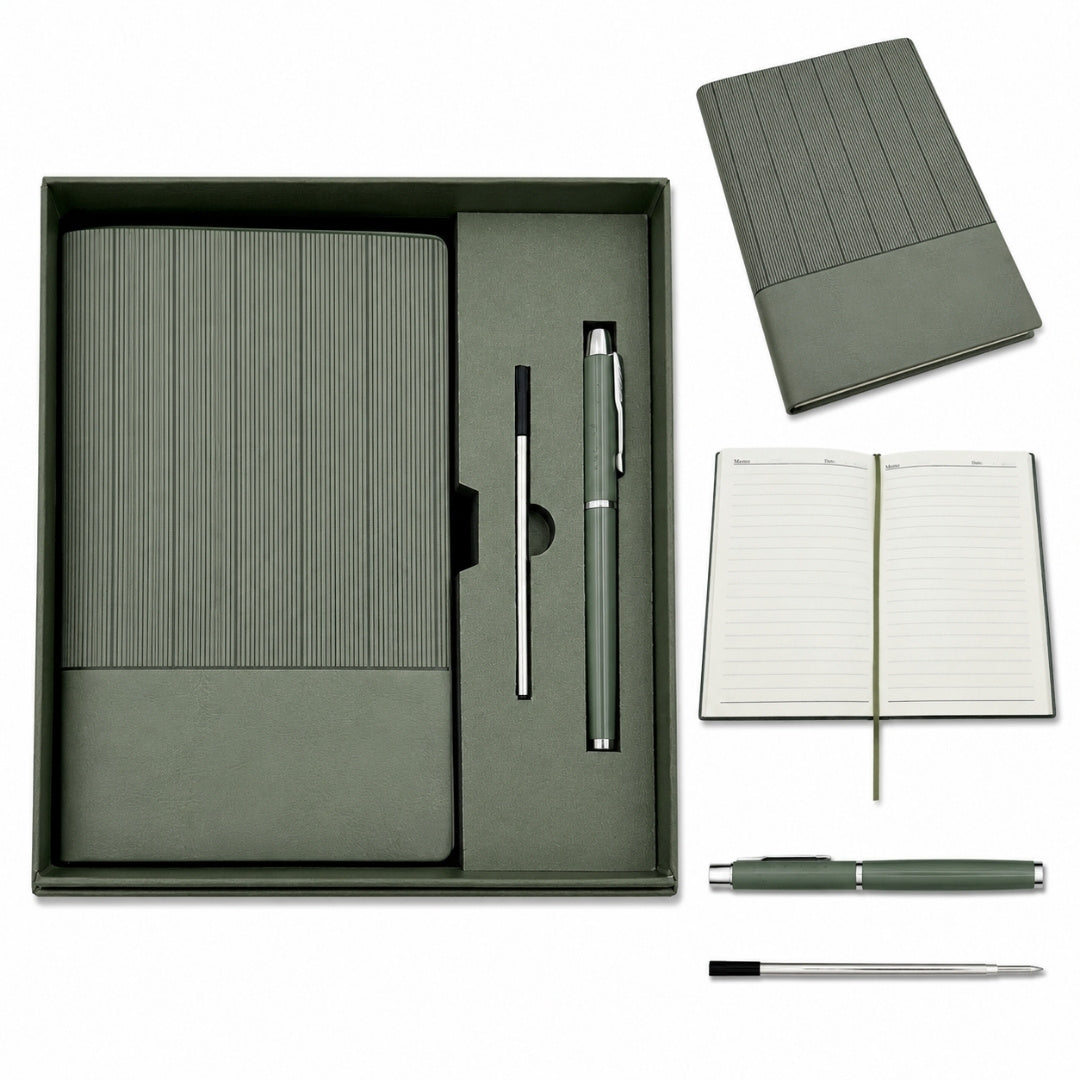Elegante set regalo - Quaderno A5 in pelle con penna in confezione regalo - Verde oliva - EE14