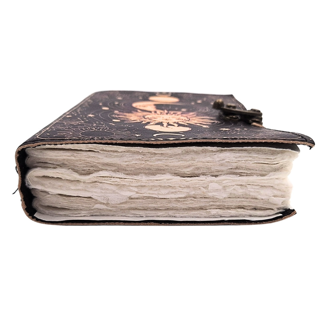 Taccuino in pelle Sole e Luna decorativo 200 pagine con possibilità di personalizzazione con incisione, blu navy, realizzato in pelle di capra, ideale come regalo