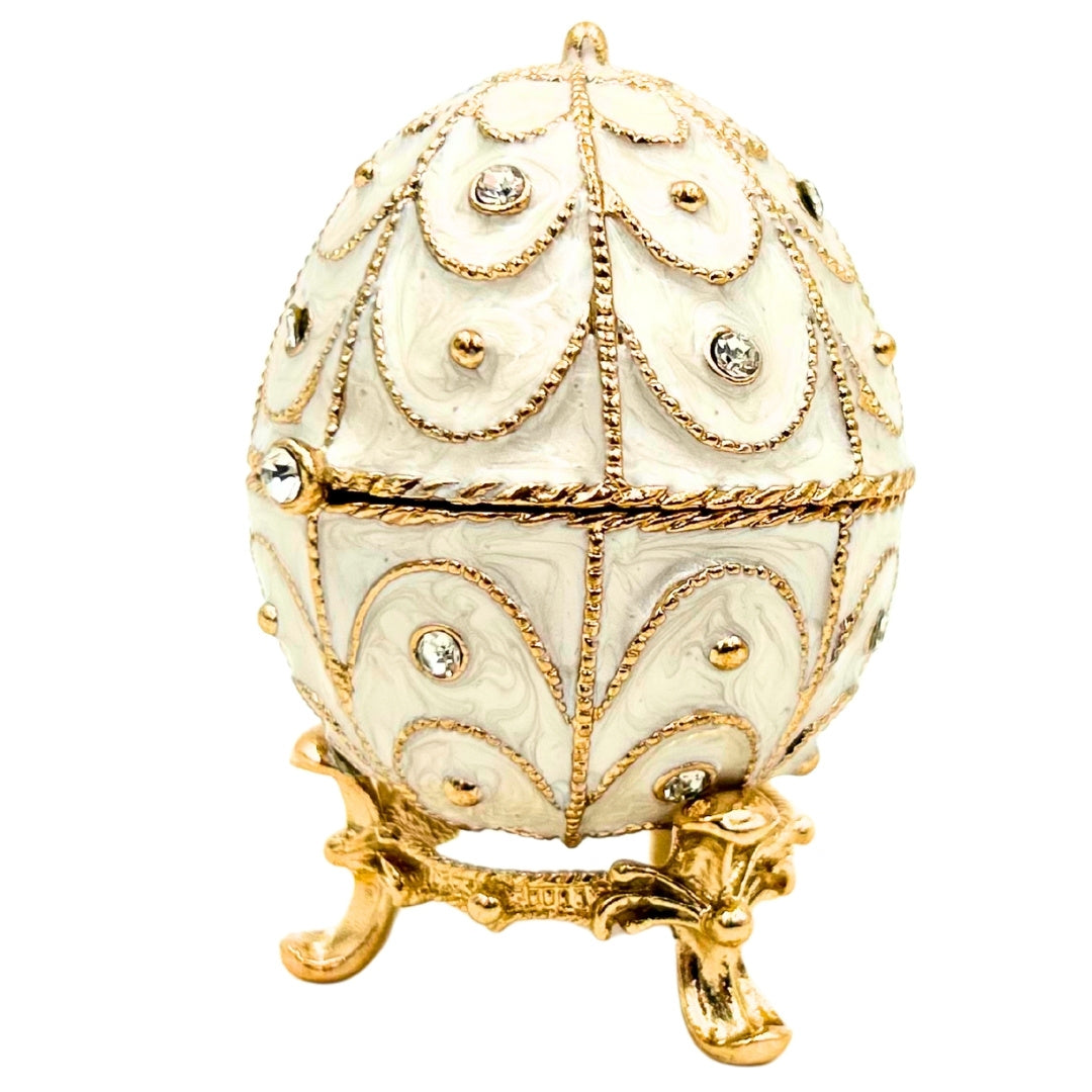 Esclusiva scatola uovo Fabergé in metallo con cristalli bianco-oro con possibilità di personalizzazione tramite incisione