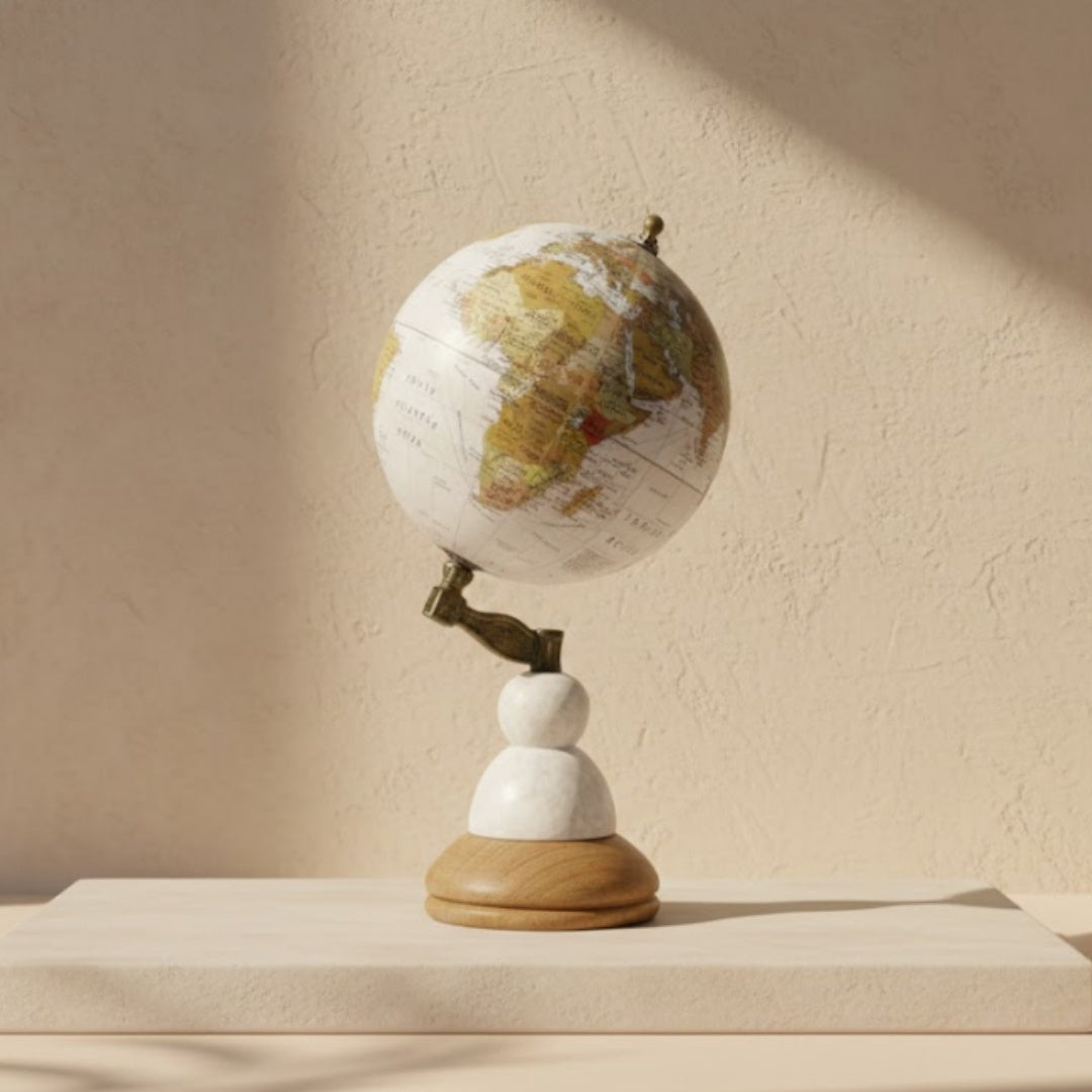 Globo decorativo Voyager su base in marmo e legno con opzione di incisione personalizzata – Regalo elegante per amanti dei viaggi, altezza 32 cm, diametro 15,5 cm, mappa bianca con continenti colorati